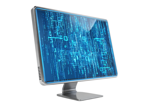 Modern computer monitor displaying blue digital code stream, Isolated On Transparent Background