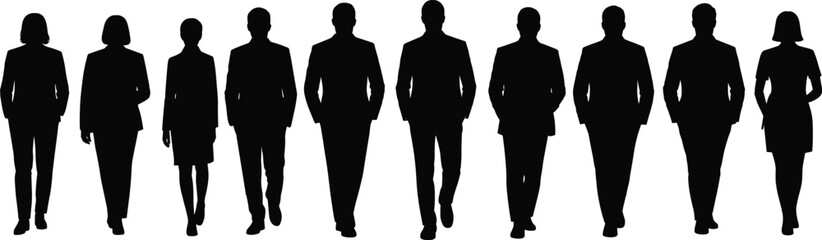 Silhouettes of confident business professionals walking forward, teamwork, leadership concept, black and white style, corporate unity, formal attire, success