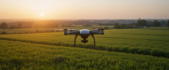 Drone flying over lush green field at sunset