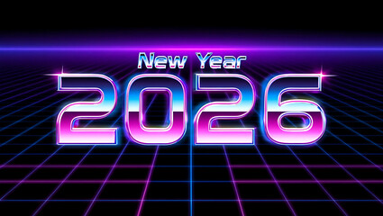 New Year 2026 retro grid neon glowing text celebration