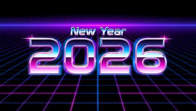 New Year 2026 retro grid neon glowing text celebration