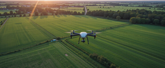 Drone flying over lush green field at sunset