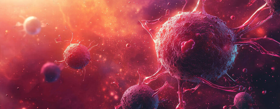 Tumor microenvironment background with cancer cells, T-Cells, nanoparticles, molecules and blood vessels. Oncology research concept, copy space