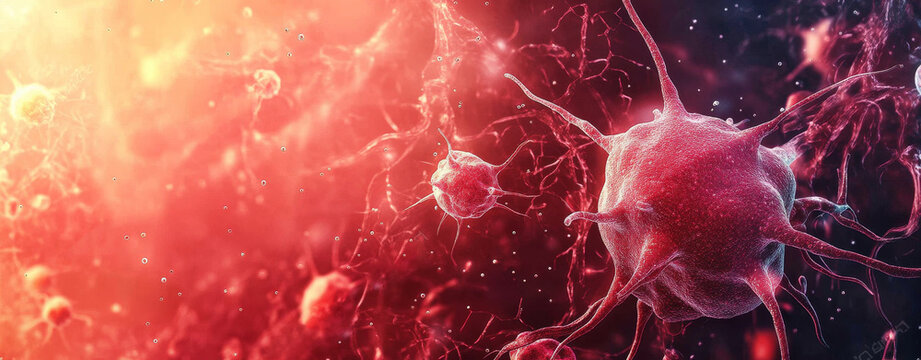 Tumor microenvironment background with cancer cells, T-Cells, nanoparticles, molecules and blood vessels. Oncology research concept, copy space