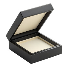 Open black square jewelry box with beige interior isolated on transparent background