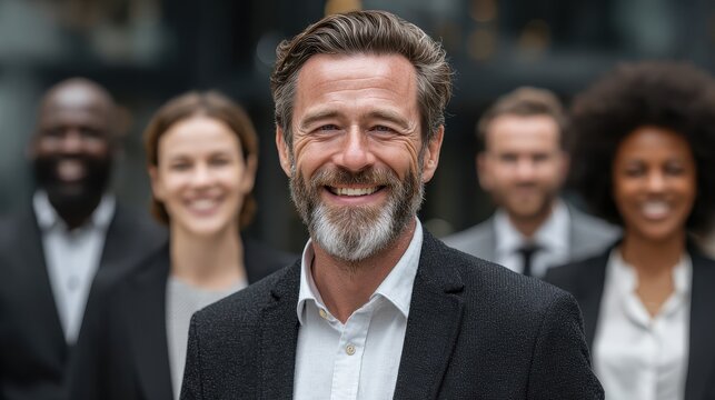 Smiling multicultural business team stands confidently outdoors in suits, showcasing diversity and teamwork in Business District during Daytime
