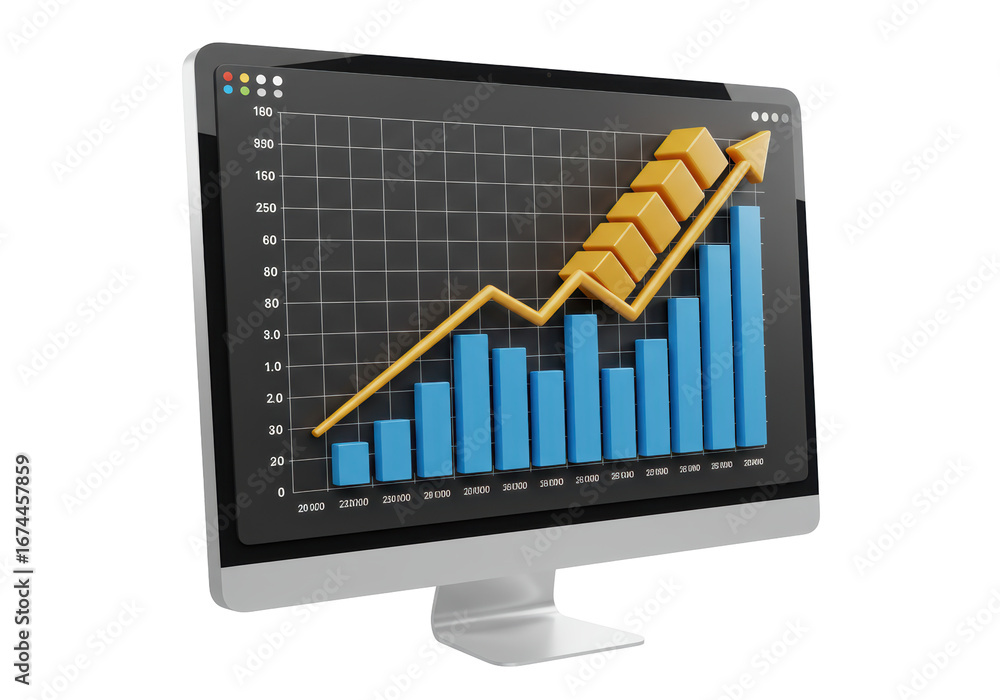 Poster isolated computer screen displaying upward trending financial chart for business analysis