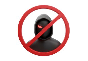 Isolated Dark hooded figure with glowing eyes in red prohibition sign, conceptual ban icon