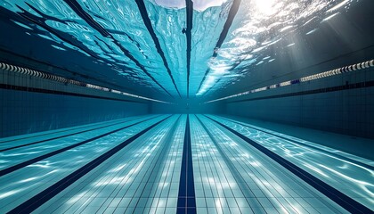 Obraz premium Underwater view of a pool with lanes, sunlight filtering through, creating ripples