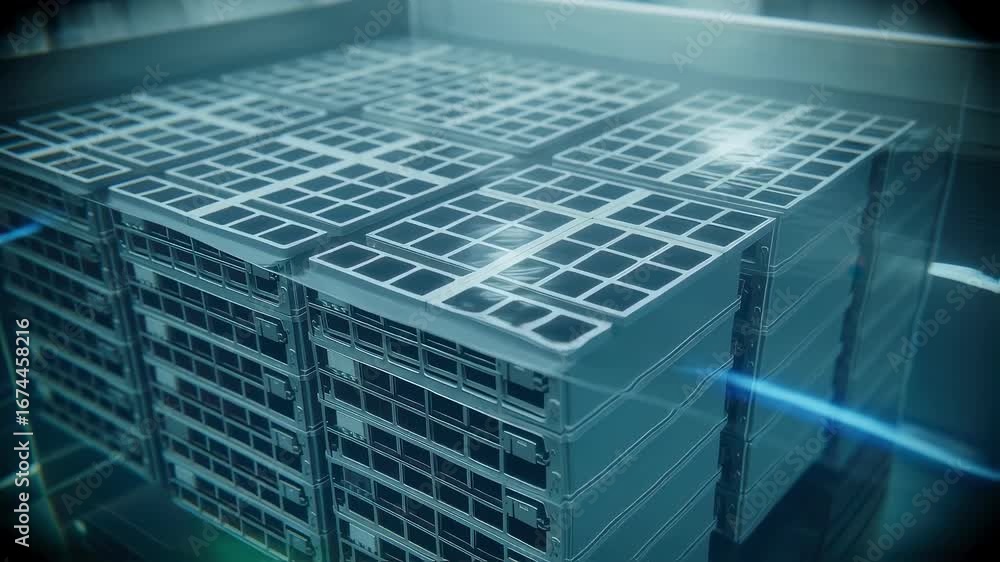 Poster Clear immersioncooling bath containing stacked grid battery packs illustrating stateoftheart thermal management for large energy storage arrays.