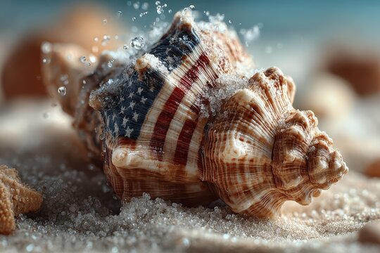 Shell adorned with American flag design resting on sandy shore with water splashes highlighting its details at sunny beach location - Powered by Adobe