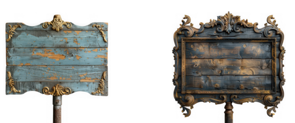 Two weathered wooden signs with ornate, distressed gold frames, one rectangular and one with a wavy top, isolated on transparent background