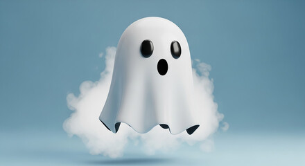 Surprised ghost floating on cloud with blue background