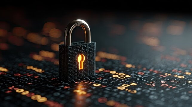 Darkened padlock on a digital binary code background.  Glowing keyhole