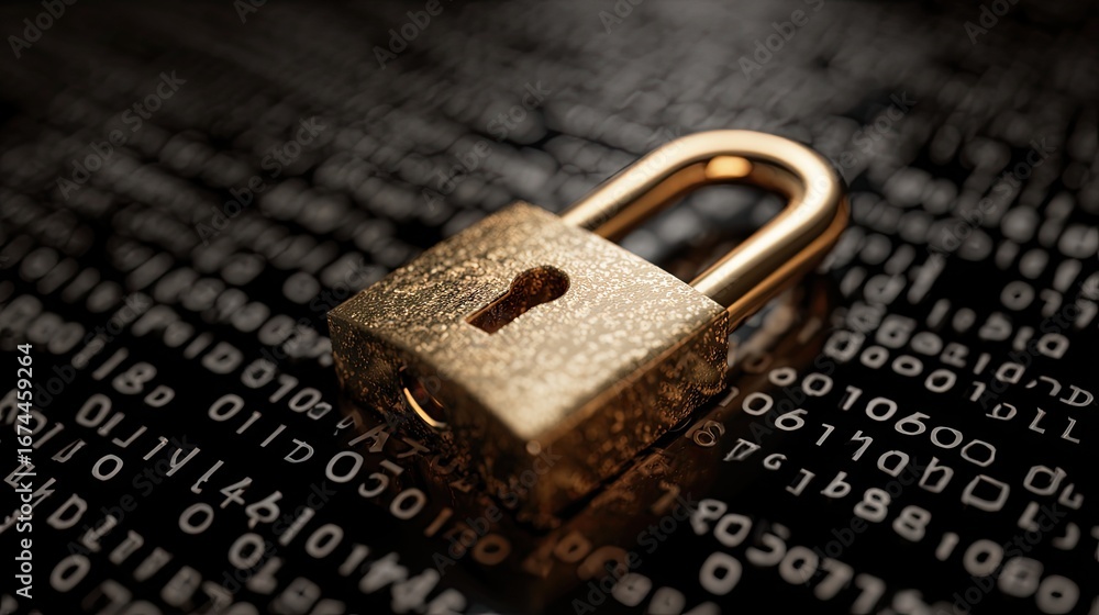 Fototapete golden padlock on a backdrop of binary code