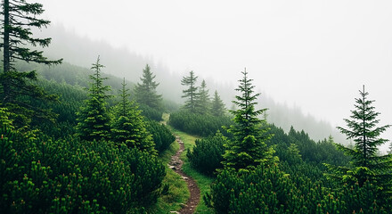 Fototapeta premium Winding path through misty pine forest landscape