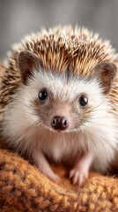 Cute hedgehog sitting on soft blanket looking directly at camera with curious expression