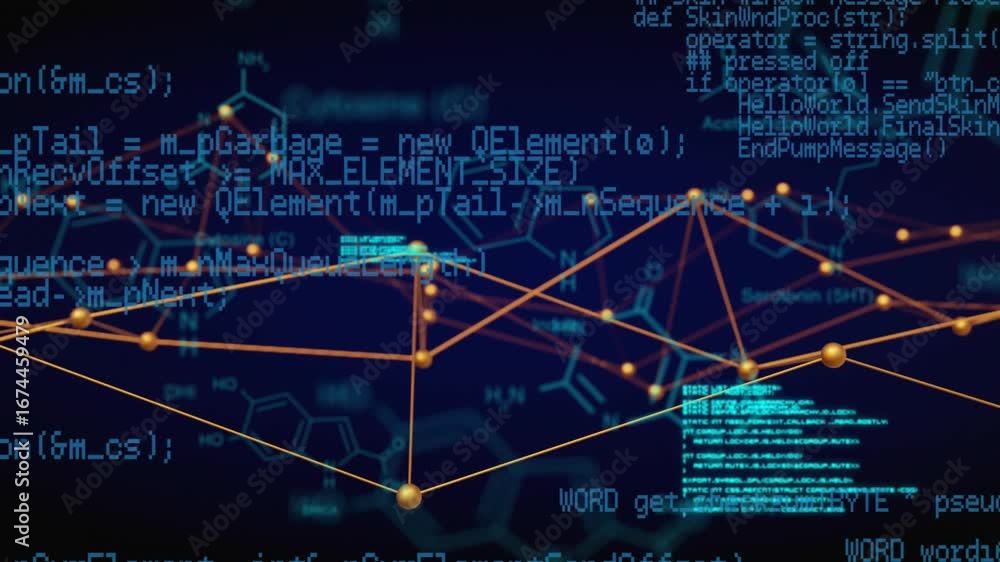 Poster at start network materializing and expanding, code panels scrolling and diagrams fading for clarity