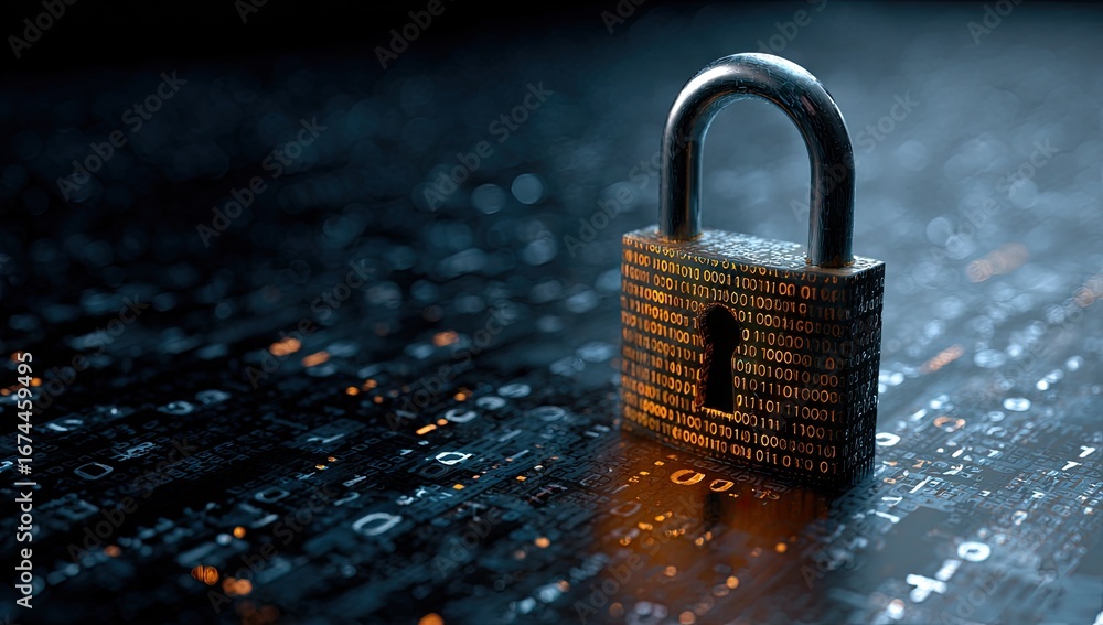 Aufkleber a metallic padlock rests on a dark surface etched with glowing binary code