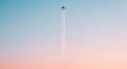 Jet plane flying high in colorful sky leaving condensation trail