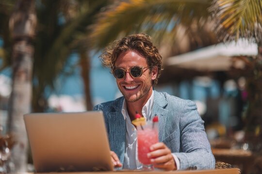 Businessman enjoying a cocktail while working remotely on his laptop at a tropical beach bar