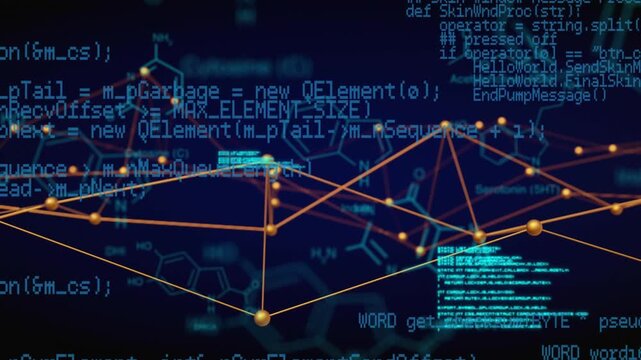 At start network materializing and expanding, code panels scrolling and diagrams fading for clarity
