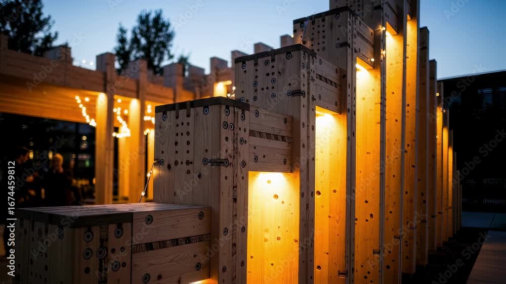 Poster evening scene of illuminated crosslaminated timber structure rising with visible joints and fastener