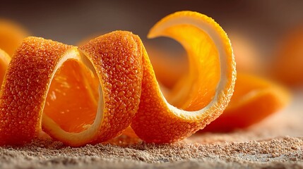 Close up of orange peel spiral curled on smooth surface with bright citrus color and textured skin detail representing freshness zest or food styling ingredient concept