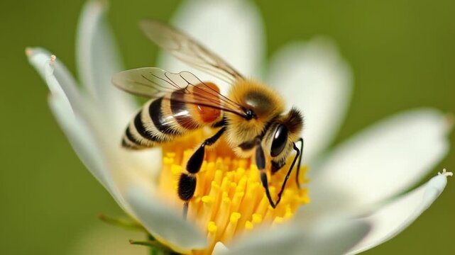 Close Up Macro Shot of a Honey Bee on a Garden Flower