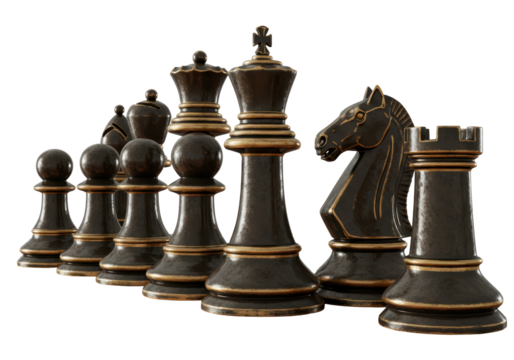 Isolated Chess Pieces Group, King, Queen, Rook, Knight, Bishop, Pawns, Chessboard Game Set