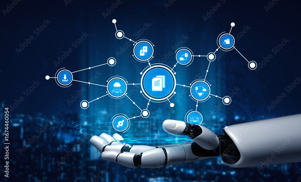 Aufkleber a robotic hand showcases a vibrant digital network of icons, emphasizing the intersection of technol