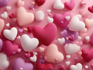 Colorful hearts scattered on a pink background create a romantic atmosphere for celebrations