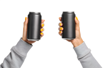 Two hands holding up dark gray aluminum beverage cans in a celebratory toast isolated on transparent background