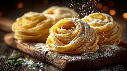 Close up of raw pasta nests on flour dusted wooden board with golden hue and dry texture creating rustic culinary mood perfect for food prep visuals or traditional Italian themes