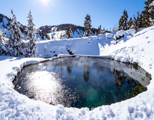 Winter hot spring, snow-covered