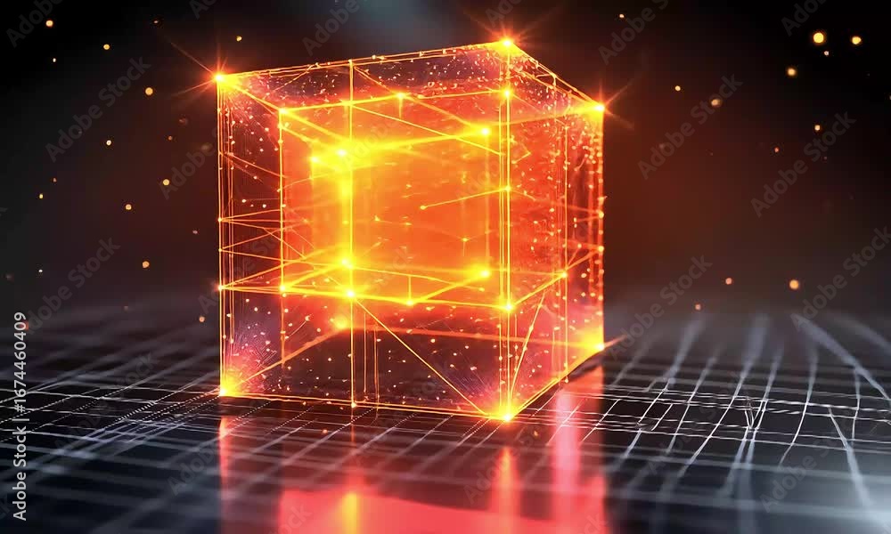 Poster glowing futuristic cube with connected lines and dots, data visualization.