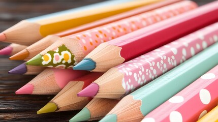 Obraz premium Close-up Colorful Patterned Pencils Wooden Craft
