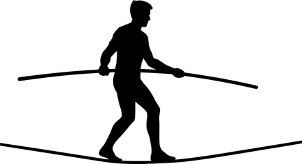 Tightrope Walker Silhouette Vector with Balancing Pole, Minimal Black Outline for Circus and Acrobatics