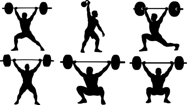 Weightlifting Silhouettes Athletes Lifting Barbells Minimalist Vector Set for Sports, Fitness, and Strength Illustrations