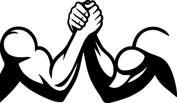 Black and white vector symbol of grip strength, arm wrestling metaphor, flat minimal style, perfect for fitness graphics, strength logos, and athletic illustrations