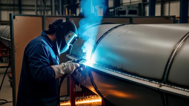 Side profile of welder applying arc welding to cylindrical hyperloop tube panel protective barriers and fireresistant flooring in industrial setup.