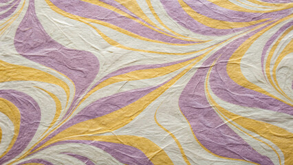 Close-up of the texture of mulberry paper with an abstract pattern in purple, yellow, and cream tones.