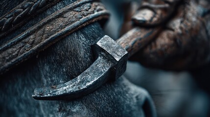 Close-up of a blacksmith working on a horse's equipment in a rustic workshop during early morning light