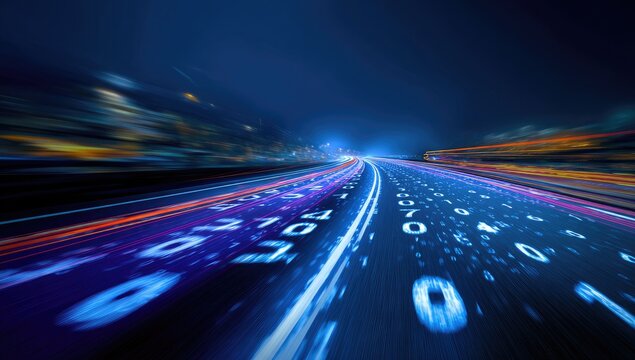 Night road, blurred motion, digital numbers