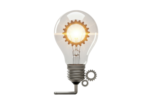 Isolated light bulb with cog gear in the bulb illustrates business idea solutions concept