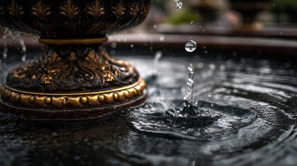 Captivating water fountain details in warm sunlight, water droplets falling, ripples spreading in basin, outdoor setting, peaceful, serene