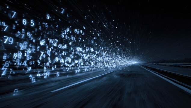A highway at night, filled with streaks of light and digital numbers