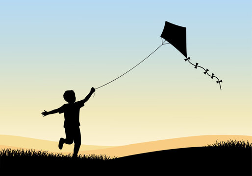 Silhouette of child with kite on hill vector drawing