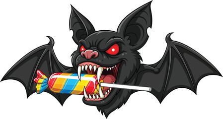 Cartoon bat with red eyes holds a colorful lollipop in its mouth for halloween fun