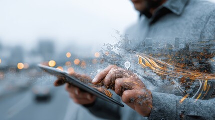 Man using tablet device overlaid with nighttime City skyline with traffic and location pin on the screen, modern digital technology